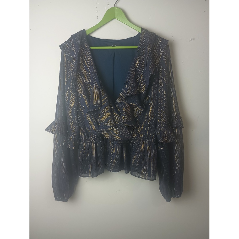 Aeom Navy Blue Gold Metallic Ruffle Peplum Blouse V-Neck XL AM-5255 Holiday Top